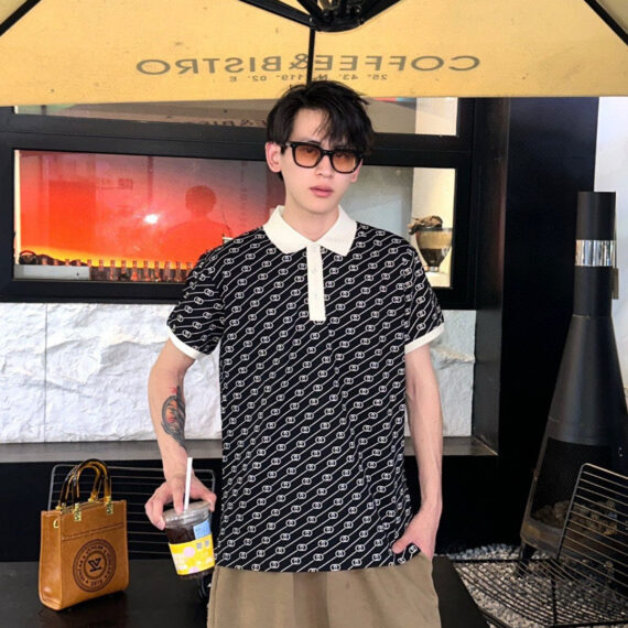 Gucci Black and Beige Patterned Polo Shirt