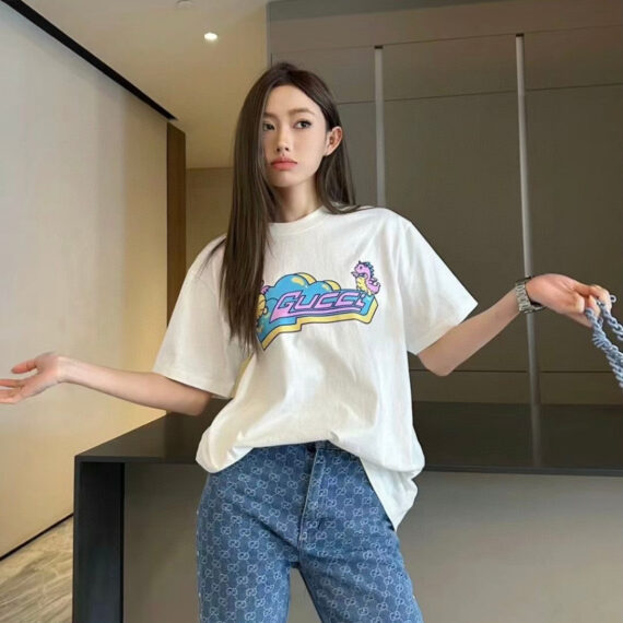 Gucci White T-Shirt with Pink Dinosaur Graphic