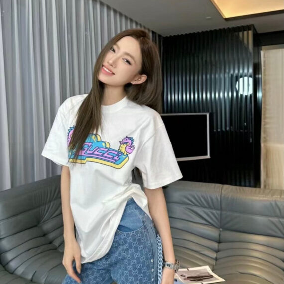 Gucci White T-Shirt with Pink Dinosaur Graphic