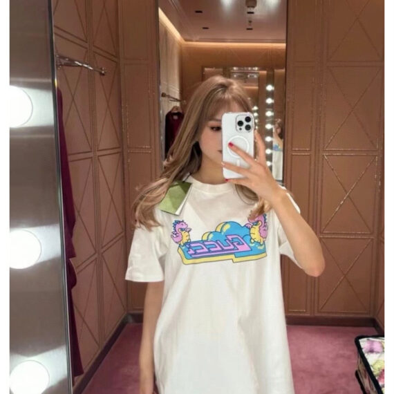 Gucci White T-Shirt with Pink Dinosaur Graphic