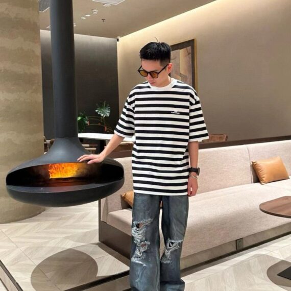 Balenciaga Black and White Striped T-Shirt
